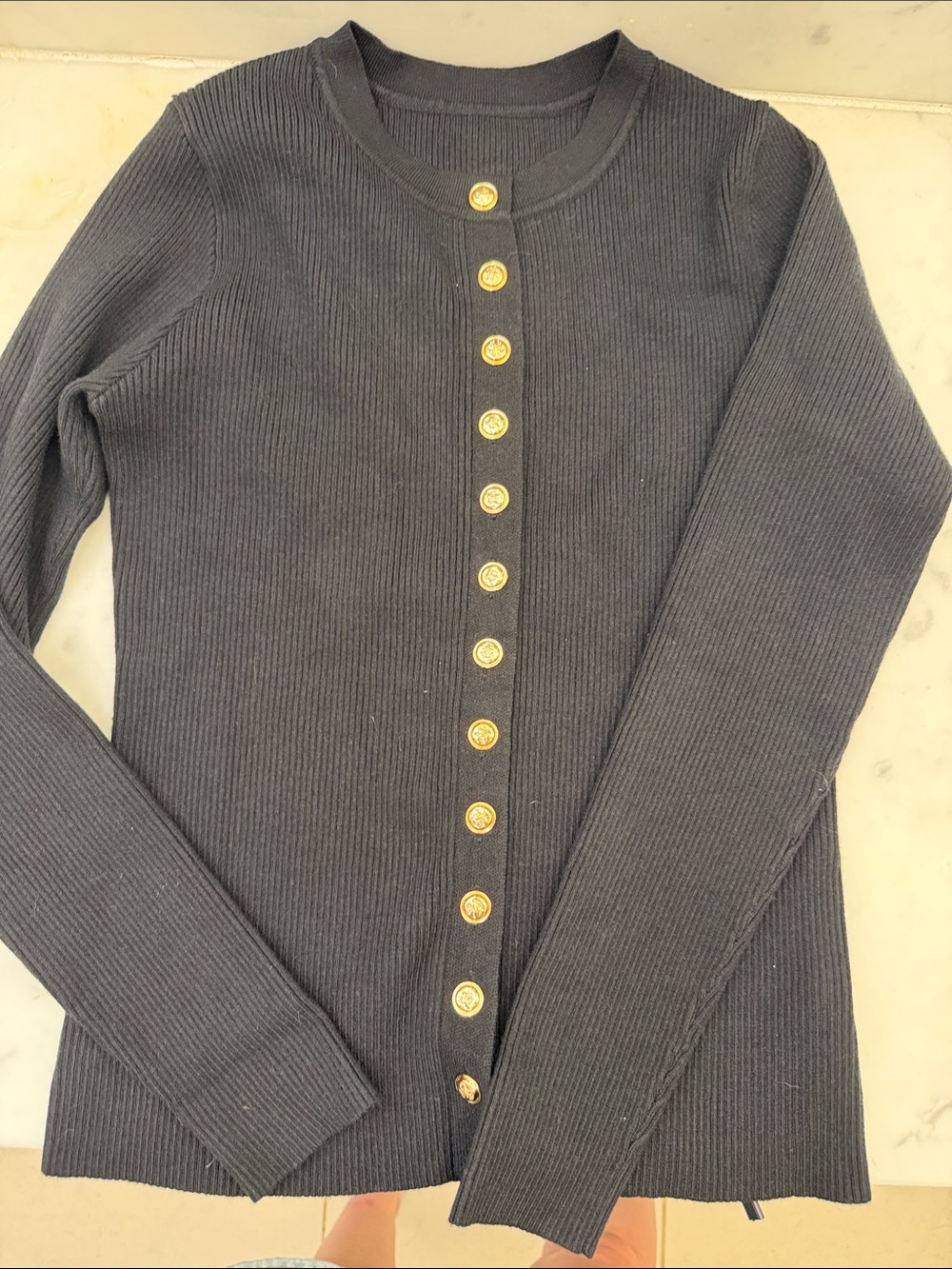 Black Ribbed Long-Sleeve Button-Up Top (sweater)